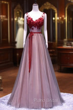 Burgundy V Neck Lace Floral Long Formal Prom Dresses, Burgundy V Neck Long Formal Evening Dresses