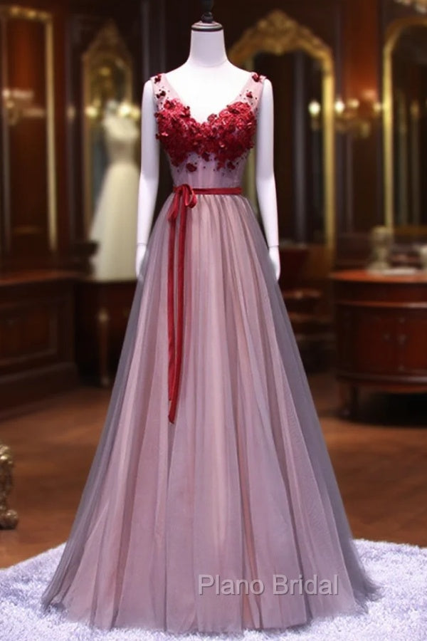 Burgundy V Neck Lace Floral Long Formal Prom Dresses, Burgundy V Neck Long Formal Evening Dresses