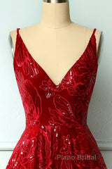 Burgundy v neck lace high low Formal Prom dress lace formal dress