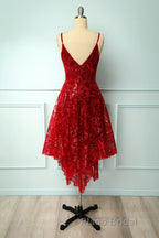 Burgundy v neck lace high low Formal Prom dress lace formal dress