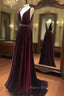 Burgundy V Neck Long Formal Prom Dresses, Burgundy Evening Dresses