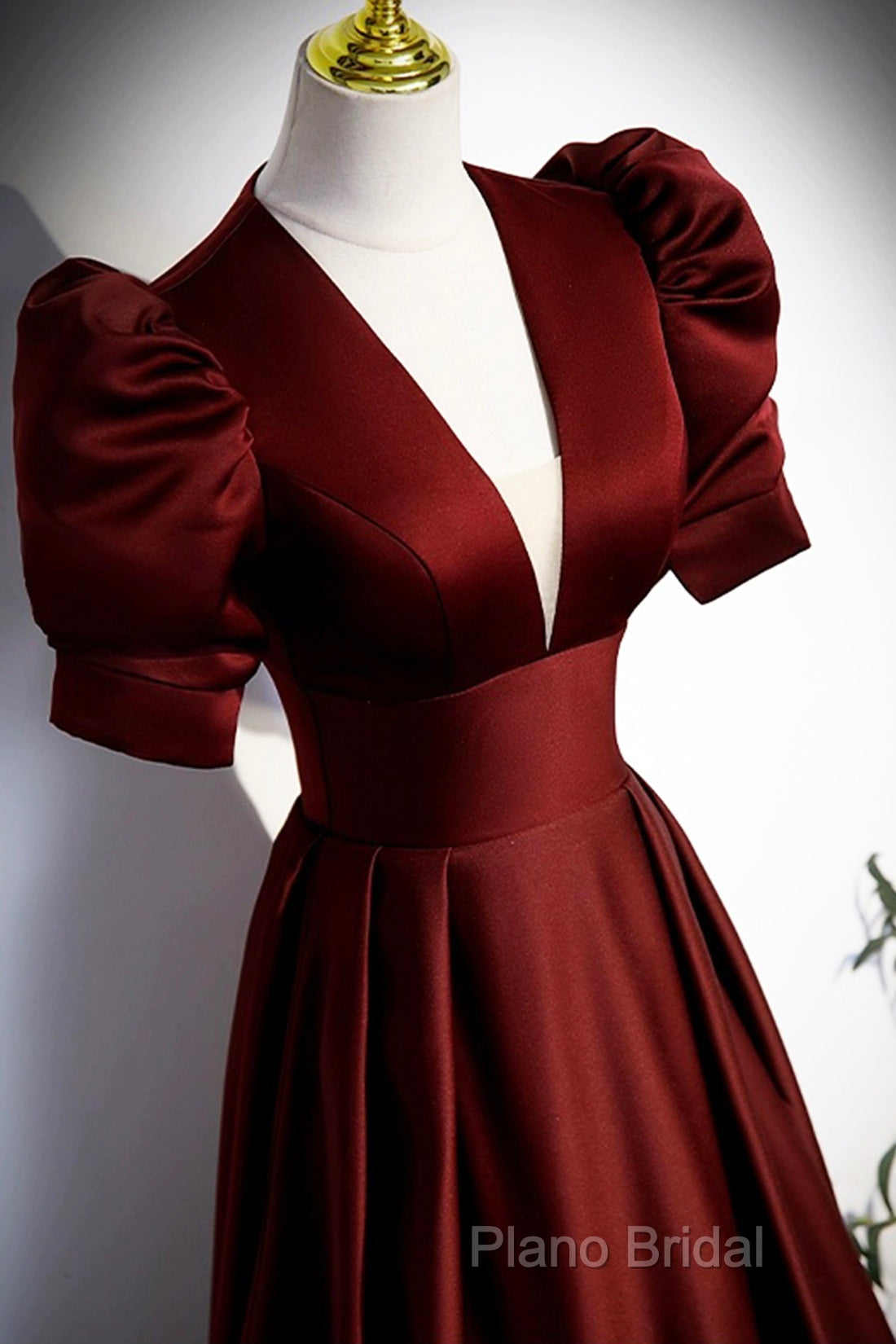 Burgundy V-Neck Satin Long Formal Prom Dresses, Simple Short Sleeve Formal Party Dresses Secondary image