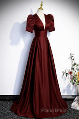 Burgundy V-Neck Satin Long Formal Prom Dresses, Simple Short Sleeve Formal Party Dresses