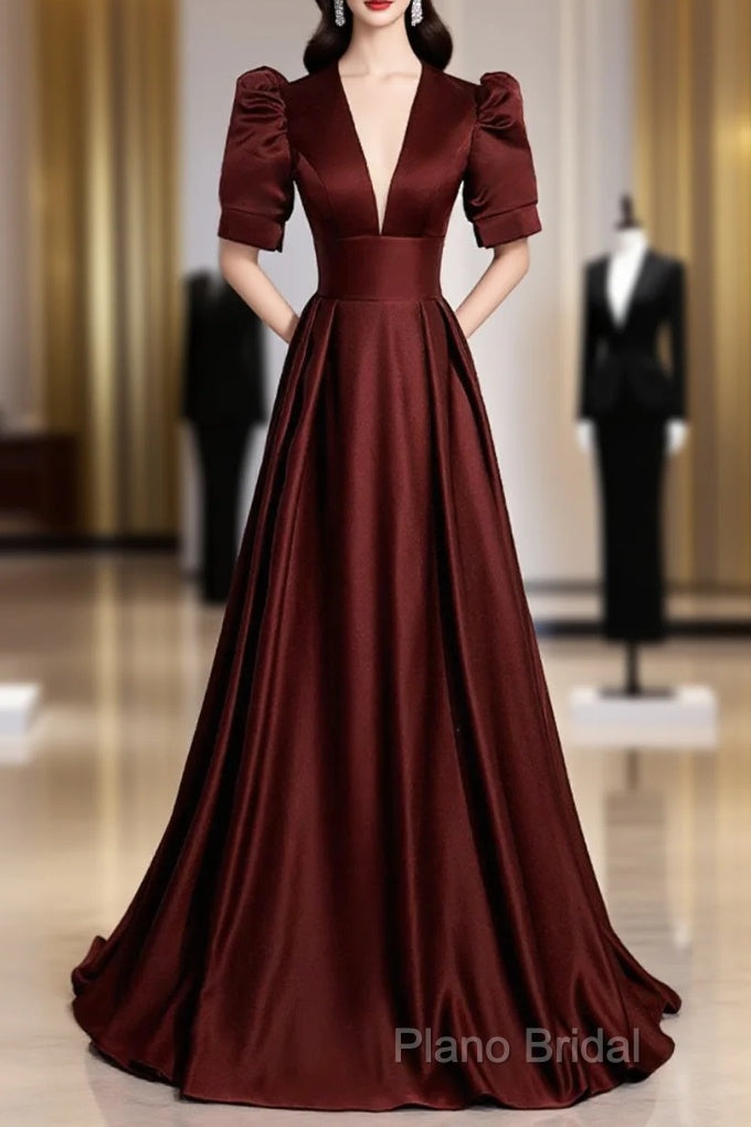 Burgundy V-Neck Satin Long Formal Prom Dresses, Simple Short Sleeve Formal Party Dresses Main image