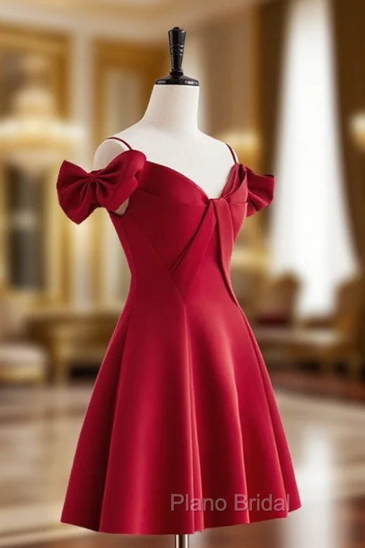 Burgundy  V Neck Satin Short Formal Prom Dresses, Burgundy Homecoming Dresses Main image