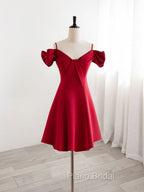 Burgundy  V Neck Satin Short Formal Prom Dresses, Burgundy Homecoming Dresses