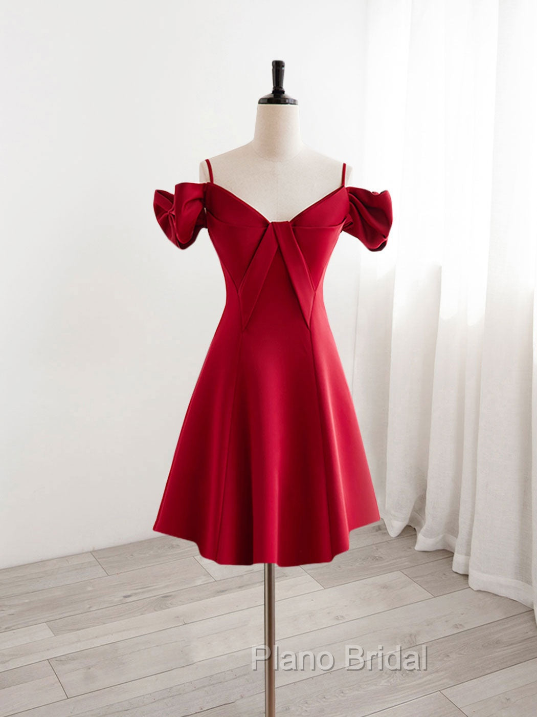 Burgundy  V Neck Satin Short Formal Prom Dresses, Burgundy Homecoming Dresses