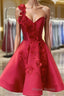Burgundy v neck satin short Formal Prom dress one shoulder cocktail dress