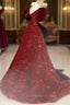 Burgundy V Neck Sequin Long Formal Prom Dresses, Burgundy Evening Dresses
