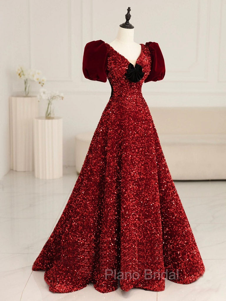 Burgundy V Neck Sequin Long Formal Prom Dresses, Burgundy Evening Dresses