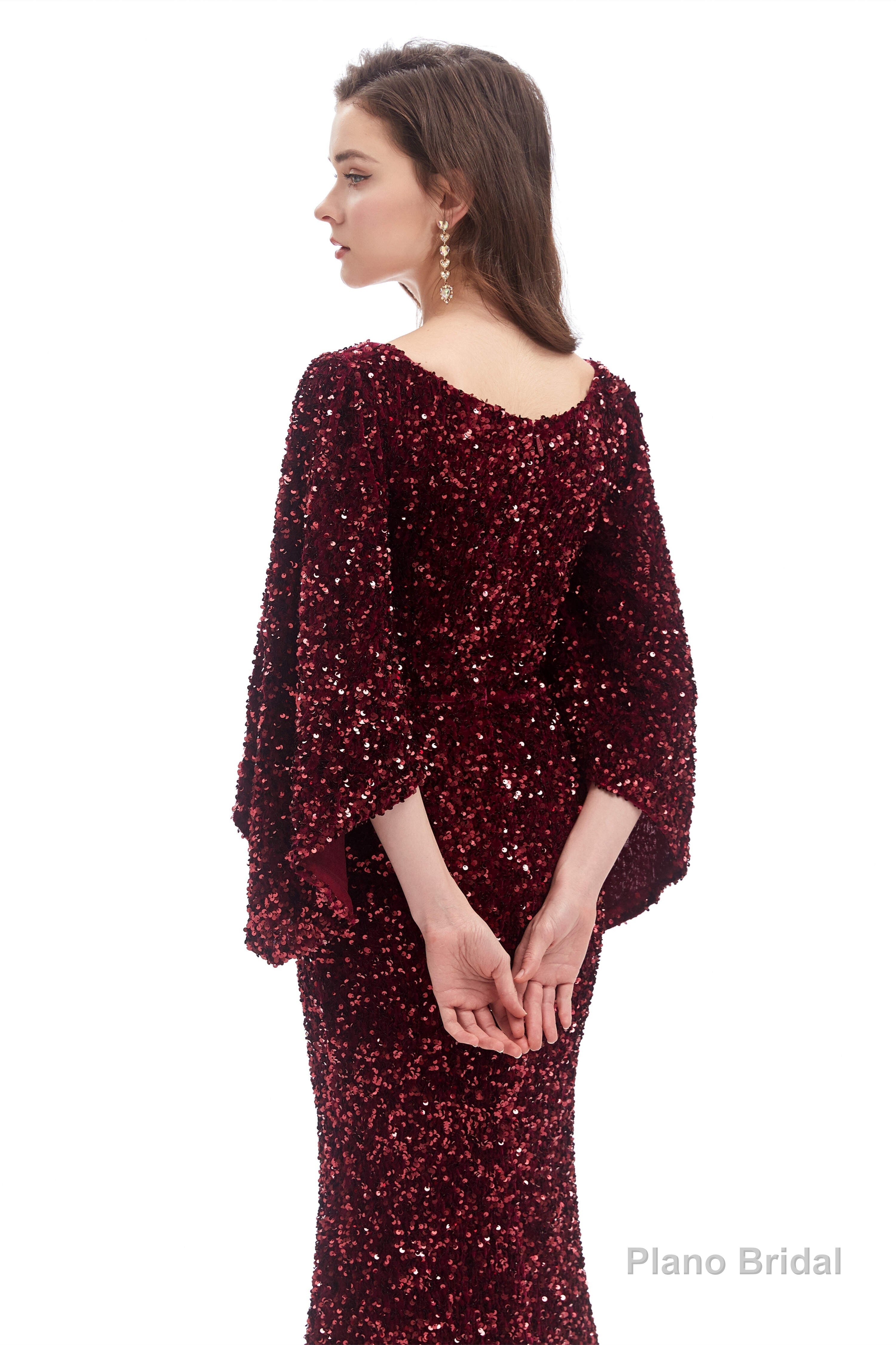 V-Neck Sequins Mermaid Prom Dresses with Sleeves