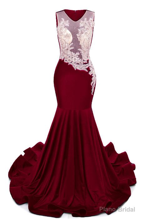 Burgundy V-Neck Sheer Corset Prom Dresses Beaded Mermaid Long Train Evening Gowns Main image