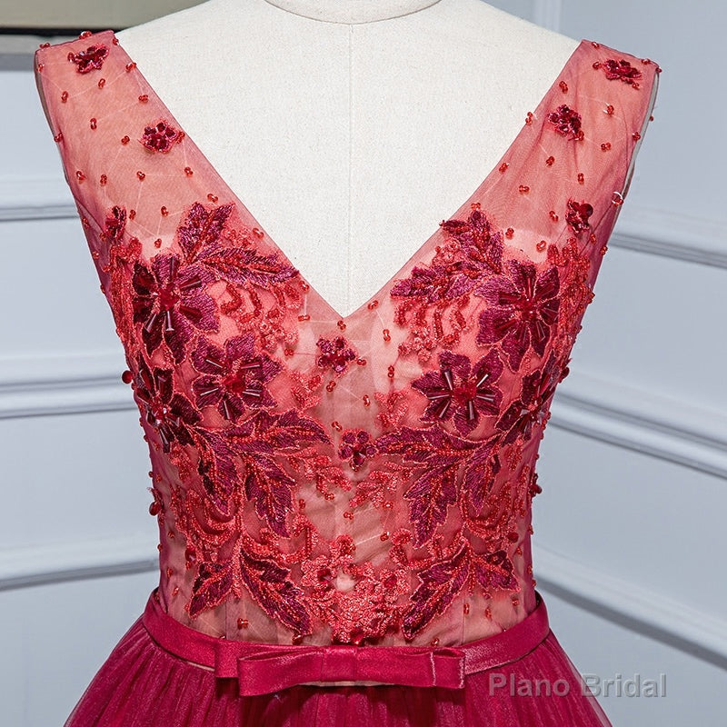 Burgundy V Neck Tulle Lace Long Prom Dress, Burgundy Evening Dress Secondary image