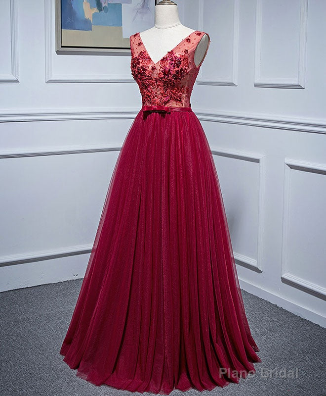 Burgundy V Neck Tulle Lace Long Prom Dress, Burgundy Evening Dress Main image