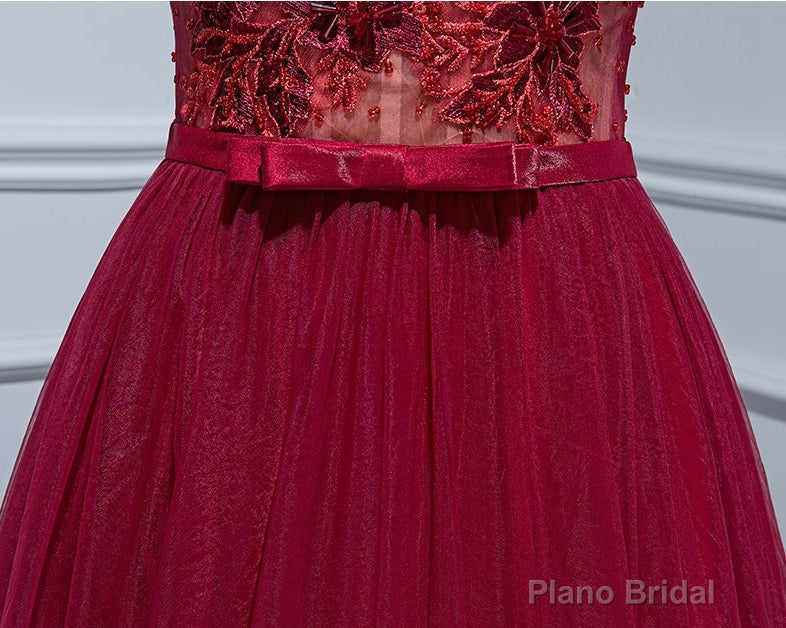 Burgundy V Neck Tulle Lace Long Prom Dress, Burgundy Evening Dress