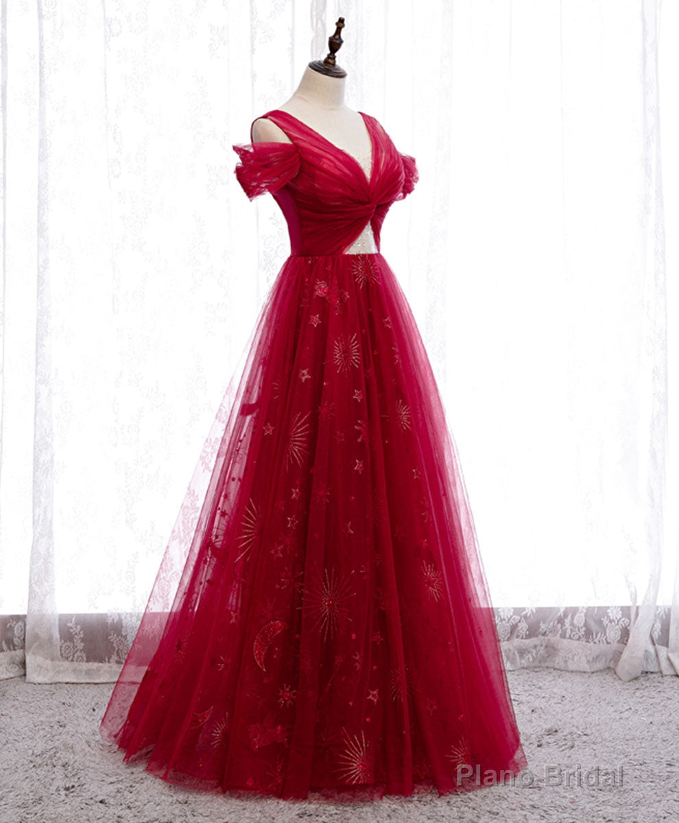 Burgundy V Neck Tulle Lace Long Prom Dress Burgundy Evening Dress Main image