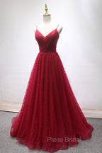 Burgundy V-Neck Tulle Long Formal Prom Dresses, A-Line Backless Evening Party Dresses