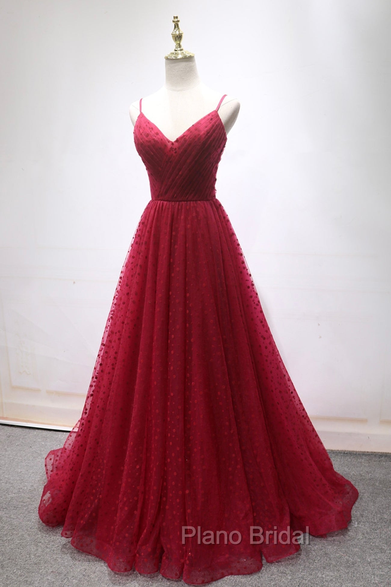 Burgundy V-Neck Tulle Long Formal Prom Dresses, A-Line Backless Evening Party Dresses