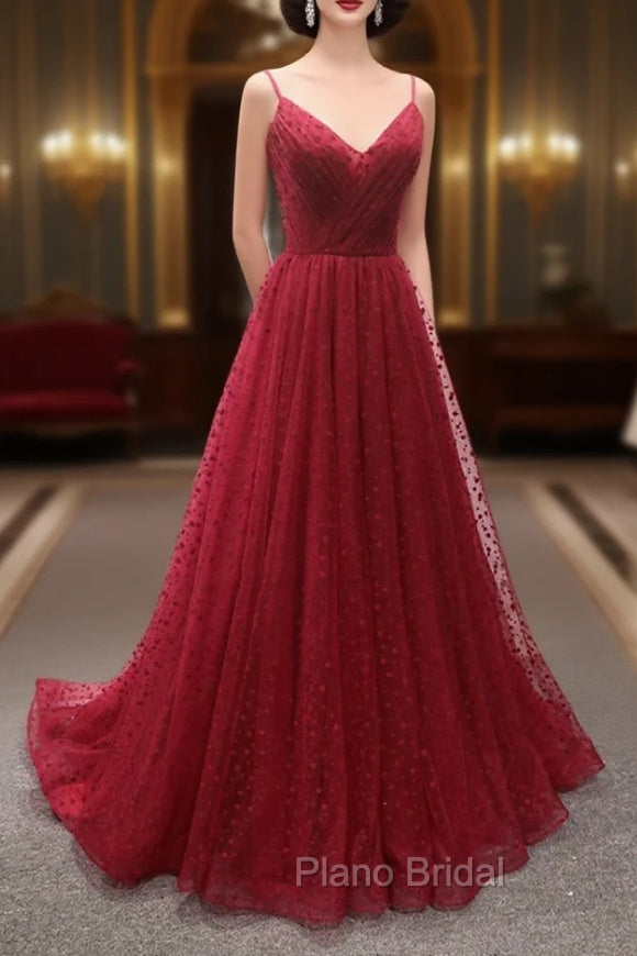 Burgundy V-Neck Tulle Long Formal Prom Dresses, A-Line Backless Evening Party Dresses