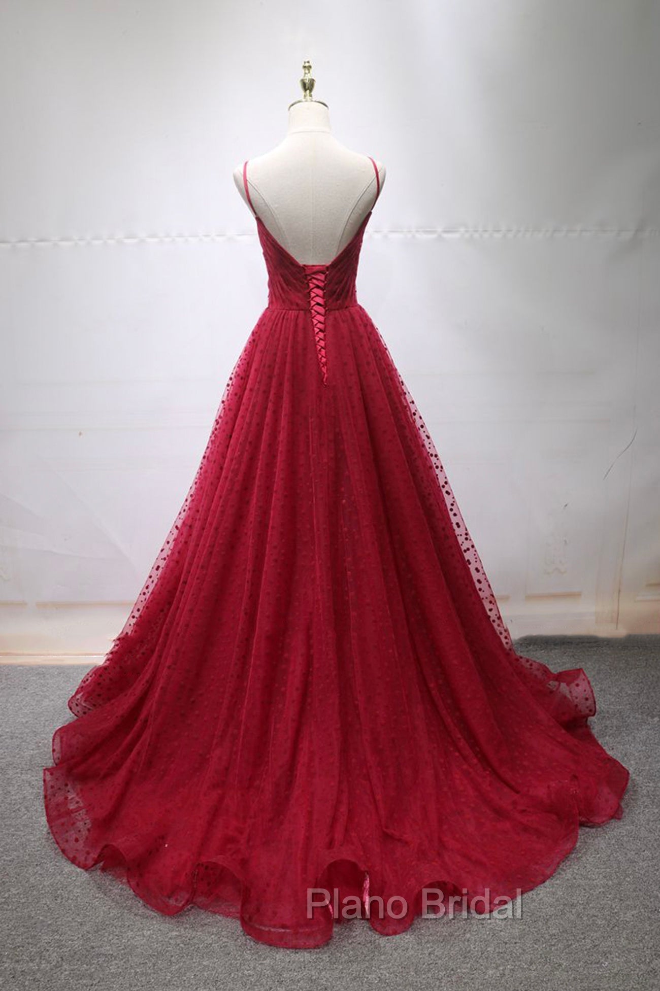 Burgundy V-Neck Tulle Long Formal Prom Dresses, A-Line Backless Evening Party Dresses