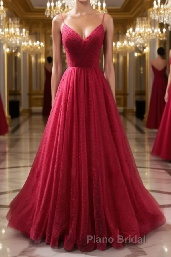 Burgundy v  neck tulle long Formal Prom dress, burgundy tulle formal dress Main image