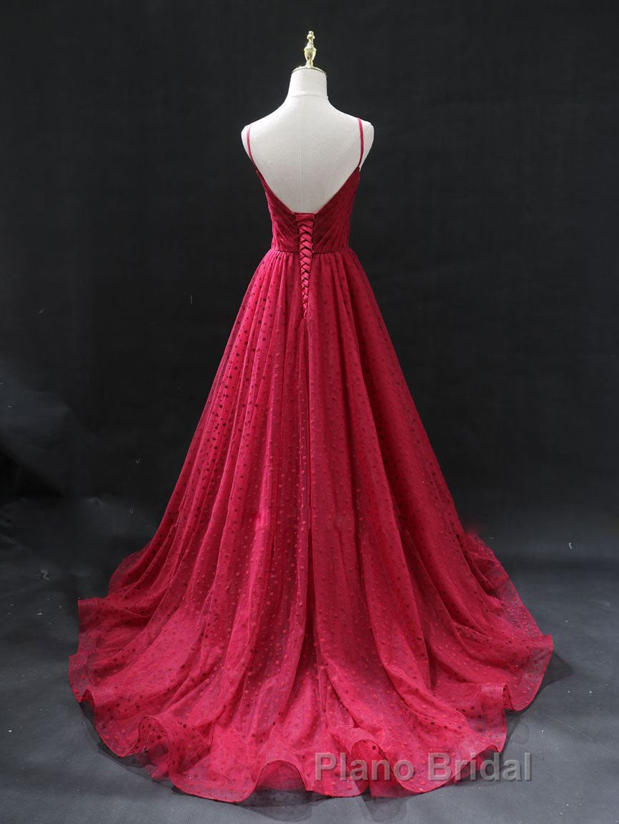 Burgundy v  neck tulle long Formal Prom dress, burgundy tulle formal dress