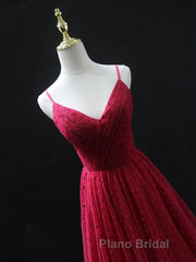Burgundy v  neck tulle long Formal Prom dress, burgundy tulle formal dress