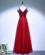 Burgundy V Neck Tulle Long Prom Dress, Evening Dress