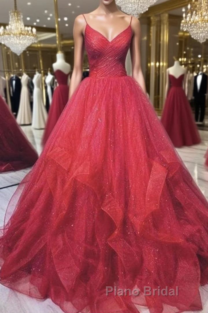 Burgundy v neck tulle long Formal Prom dress tulle formal dress Main image