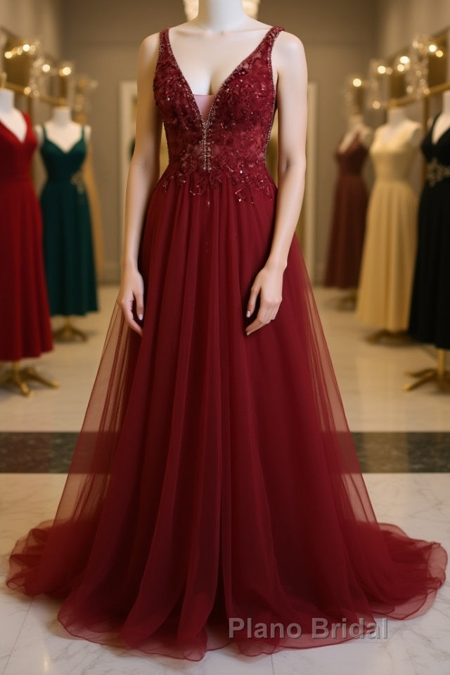 Burgundy v neck tulle sequin lace long Formal Prom dress Main image