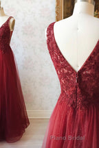 Burgundy v neck tulle sequin lace long Formal Prom dress