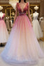 Burgundy v neck tulle sequin long Formal Prom dress burgundy evening dress