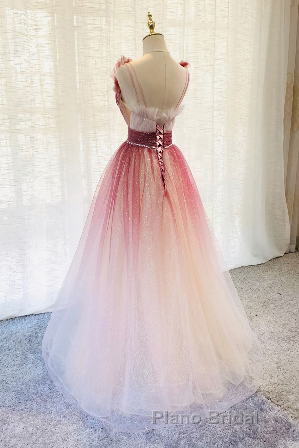 Burgundy v neck tulle sequin long Formal Prom dress burgundy evening dress