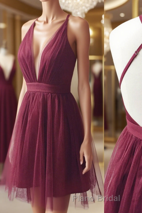 Burgundy v neck tulle short Formal Prom dress burgundy homecoming dress