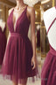Burgundy v neck tulle short Formal Prom dress burgundy homecoming dress