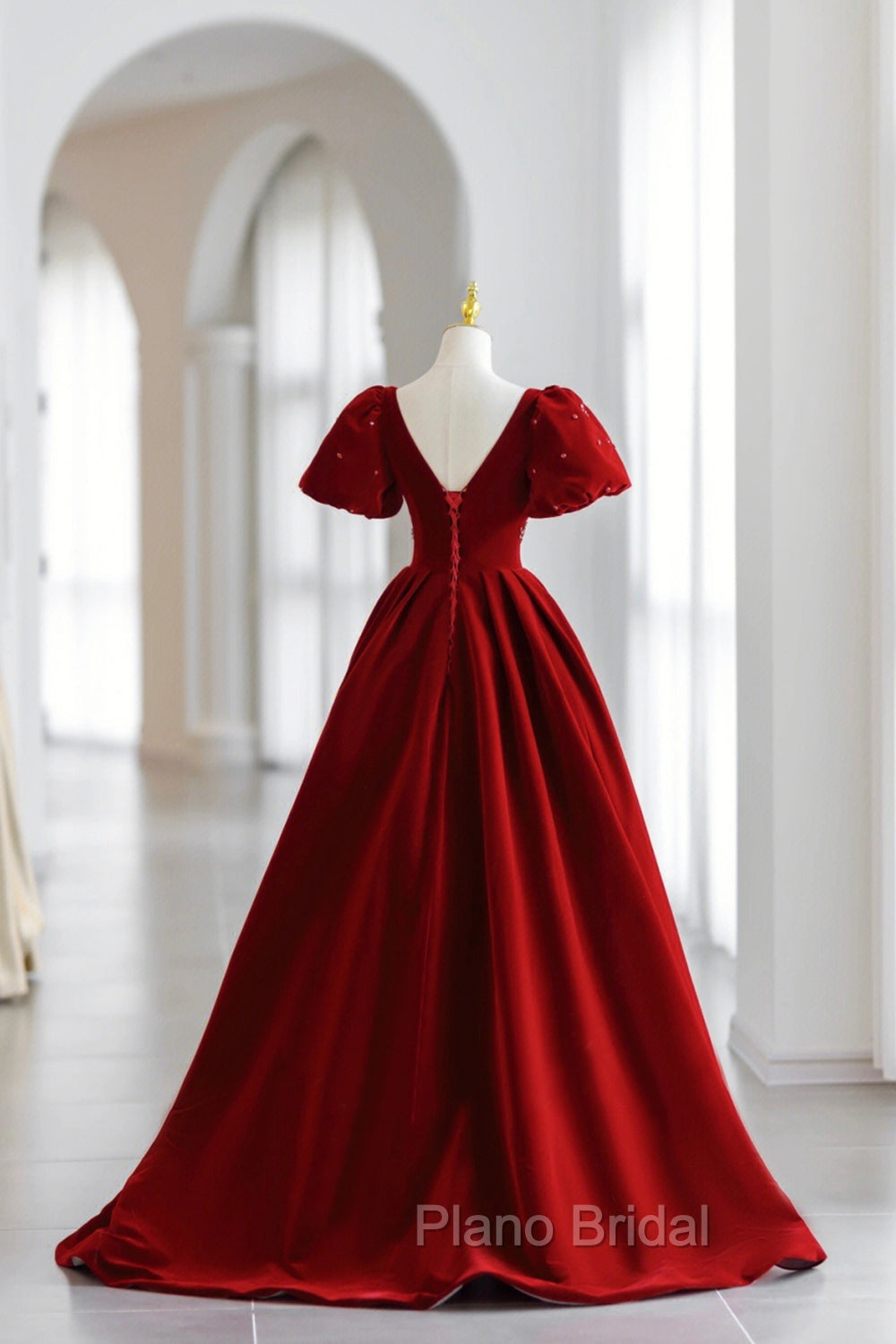 Burgundy V-Neck Velvet Long Formal Dresses, A-Line Short Sleeve Evening Dresses