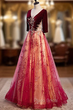 Burgundy V-Neck Velvet Tulle Long Formal Prom Dresses, A-Line 1/2 Sleeve Evening Dresses