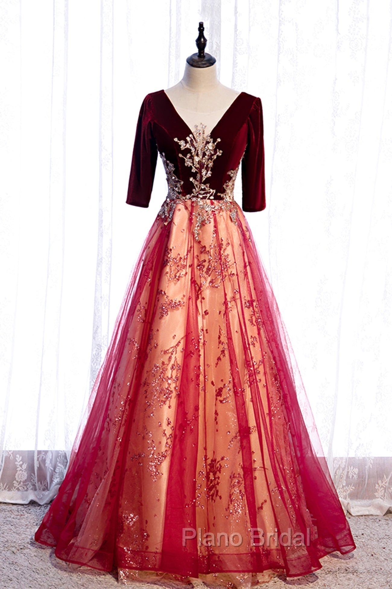 Burgundy V-Neck Velvet Tulle Long Formal Prom Dresses, A-Line 1/2 Sleeve Evening Dresses