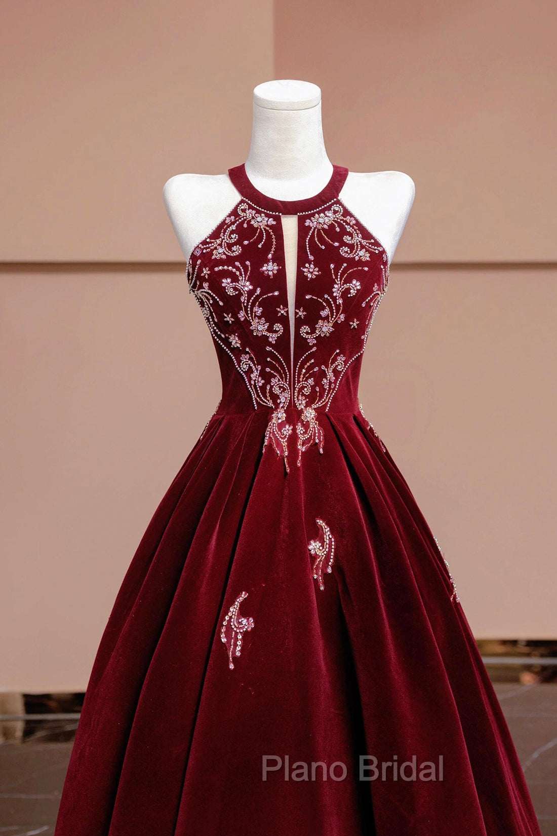 Burgundy Velvet Beaded Long Formal Prom Dresses, Elegant A-Line Evening Party Dresses Secondary image