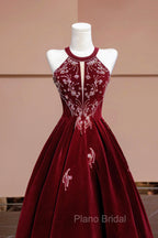 Burgundy Velvet Beaded Long Formal Prom Dresses, Elegant A-Line Evening Party Dresses