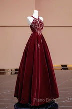 Burgundy Velvet Beaded Long Formal Prom Dresses, Elegant A-Line Evening Party Dresses