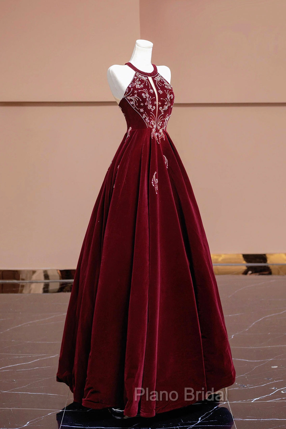 Burgundy Velvet Beaded Long Formal Prom Dresses, Elegant A-Line Evening Party Dresses