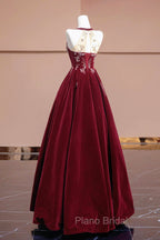Burgundy Velvet Beaded Long Formal Prom Dresses, Elegant A-Line Evening Party Dresses