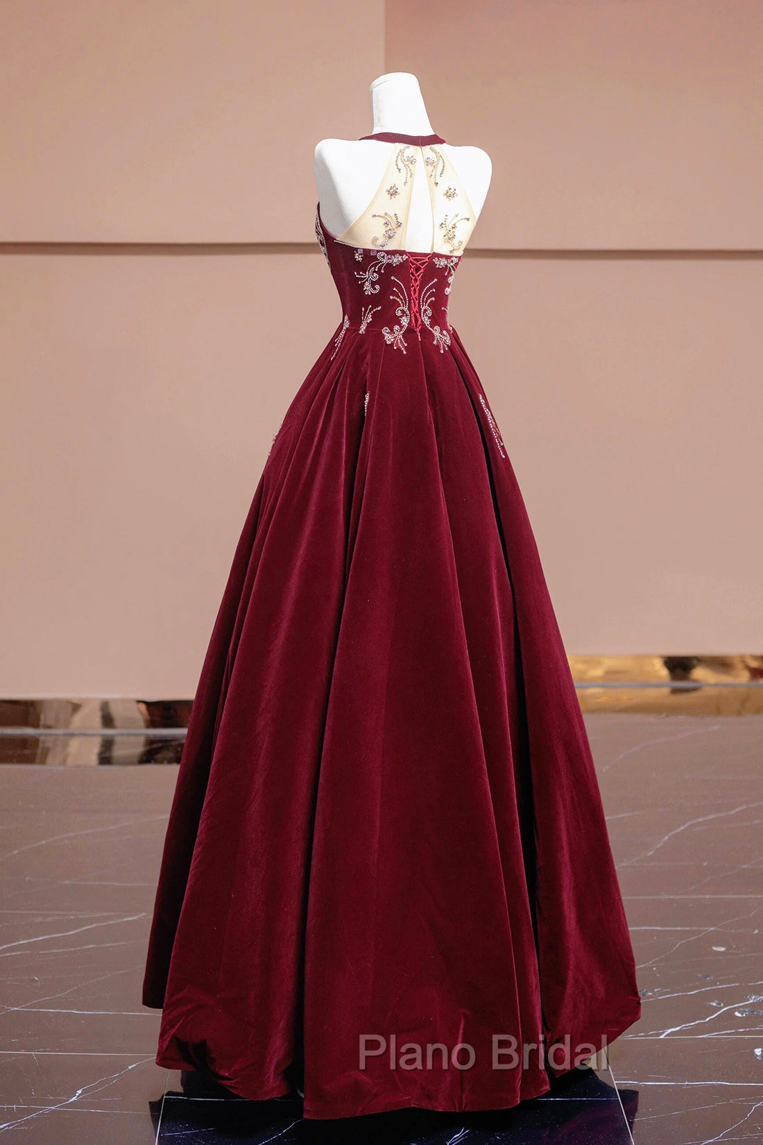 Burgundy Velvet Beaded Long Formal Prom Dresses, Elegant A-Line Evening Party Dresses