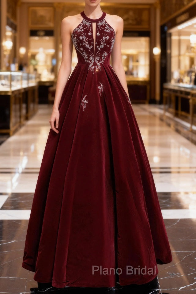 Burgundy Velvet Beaded Long Formal Prom Dresses, Elegant A-Line Evening Party Dresses