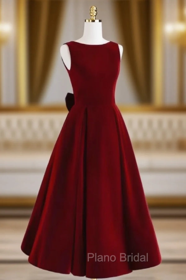 Burgundy Velvet Beading Bow Formal Prom Dresses Main image