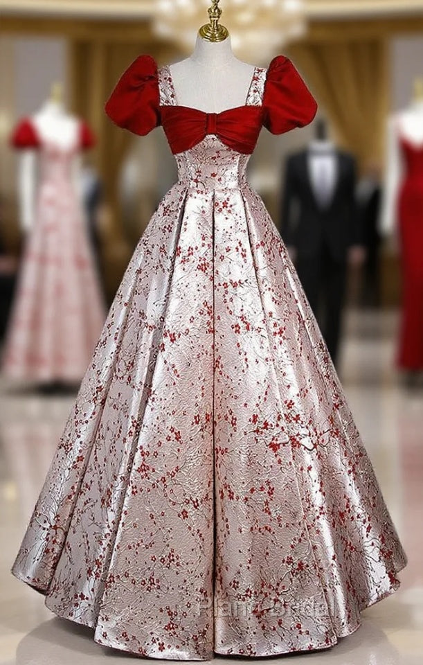 Burgundy Velvet Champagne Satin Short Sleeve Formal Prom Dresses