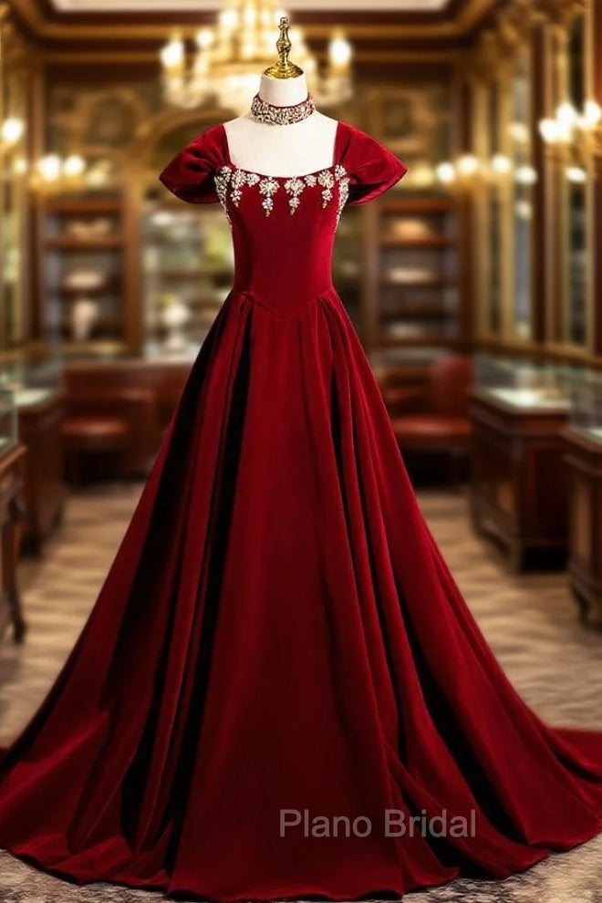 Burgundy Velvet Crystal Formal Prom Dresses Main image