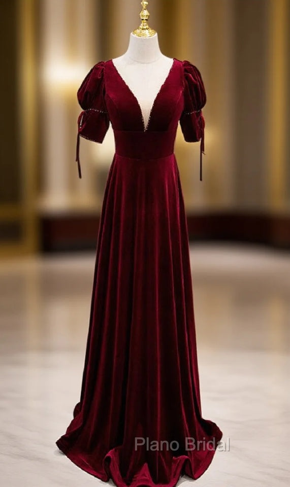 Burgundy Velvet Dee V-neck Short Sleeve Formal Prom Dresses Main image