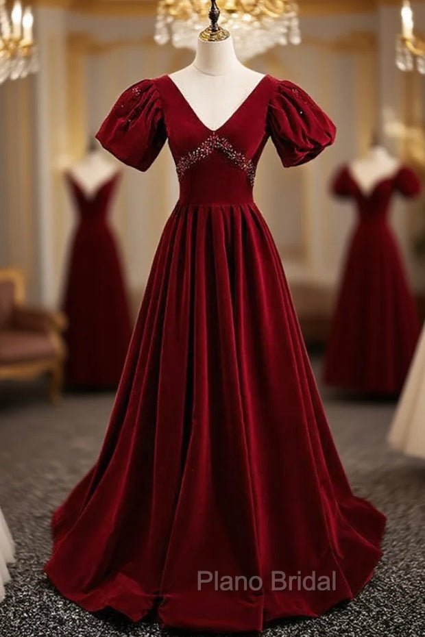 Burgundy Velvet Deep V-neck Backless Crystal Formal Prom Dresses Main image